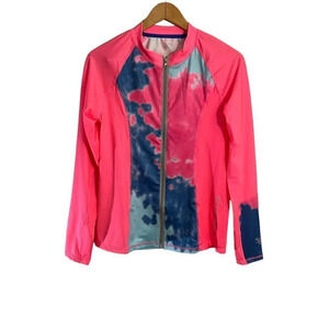 Banana Boat Fitted UPF 50+ Ladies Rash Guard Pink Blue Marbled Full Zip Neon Top